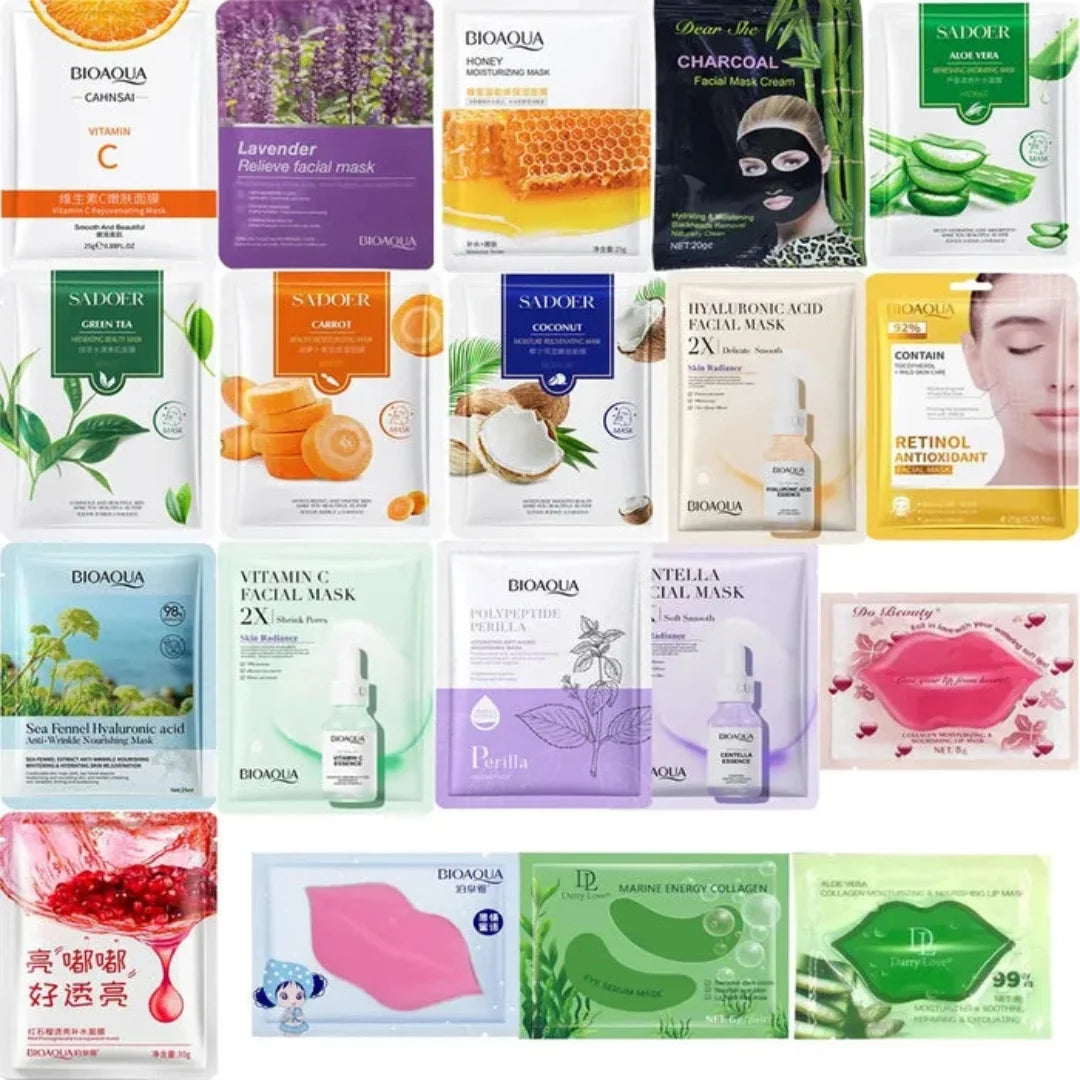 BIOAQUA Pack of 20 Moisturizing Facial Face Sheet Mask & Hydrating, Moisturizing, Skin Care Sheet Mask Lip Mask And Eye Mask