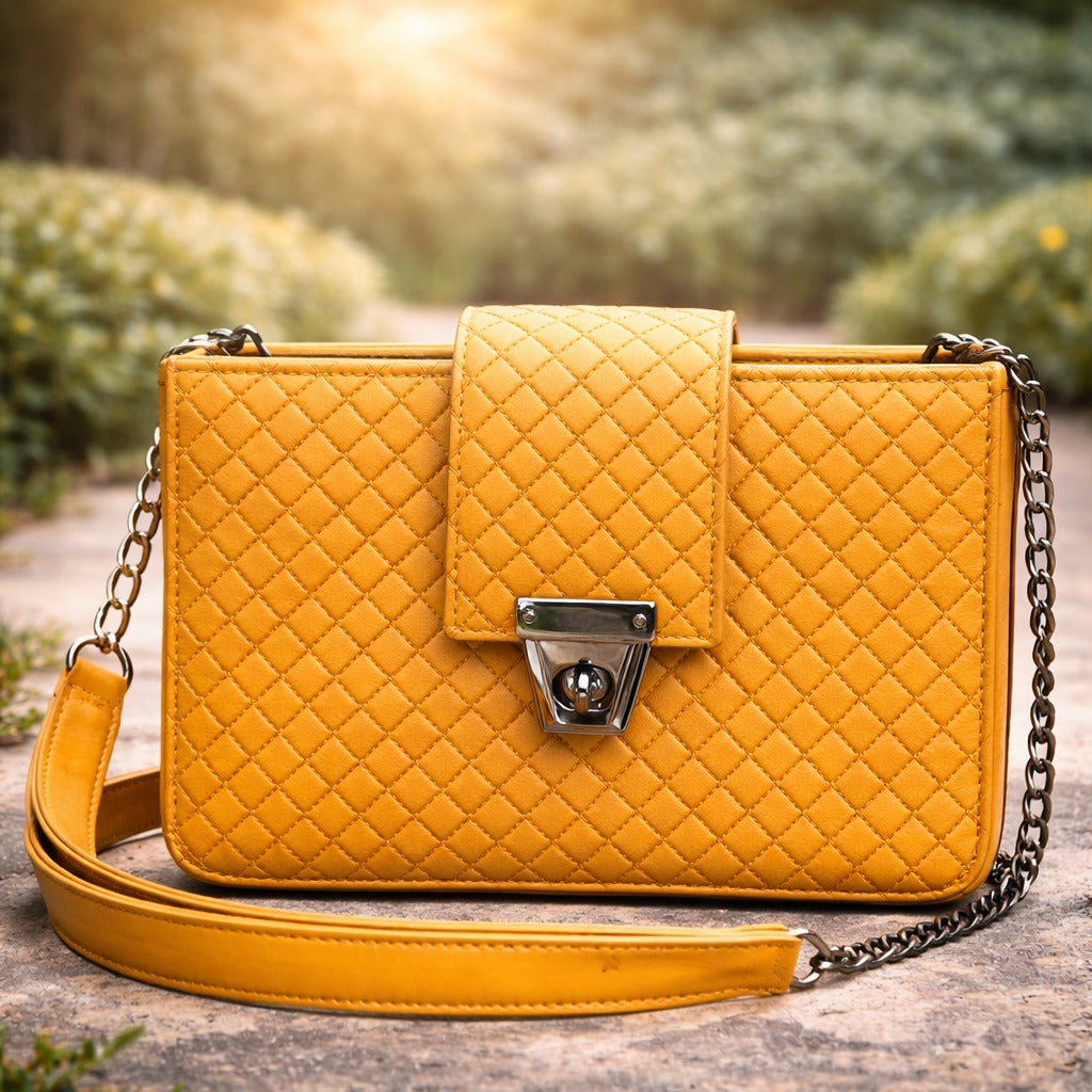Yellow quilted handbag with a chain strap | WearCareHub