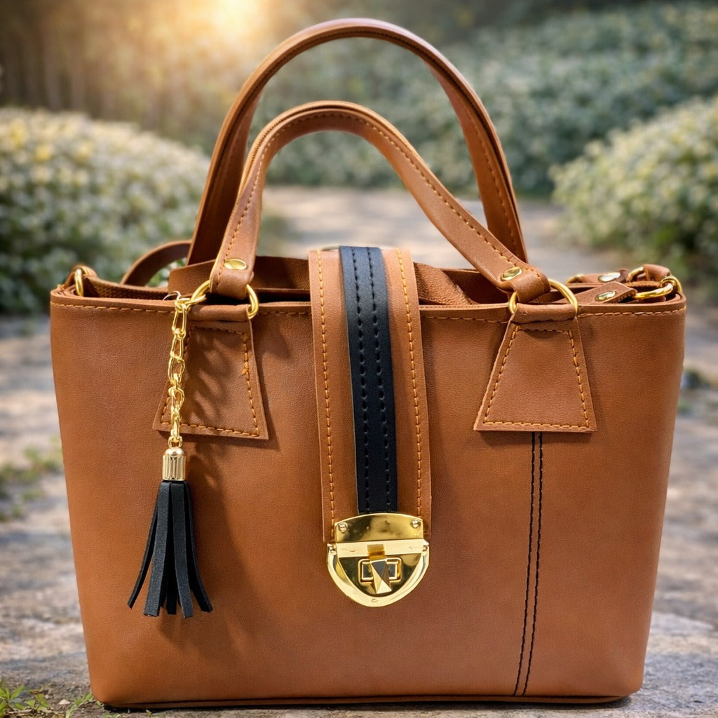 Brown Leather Handbag with Gold Clasp and Tassel | WearCareHub