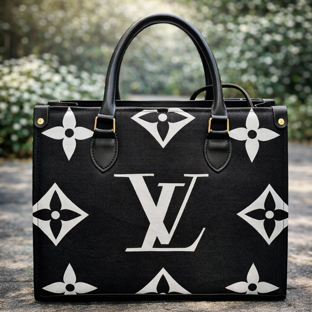 Black handbag with white monogram pattern | WearCareHub