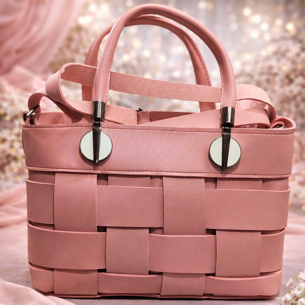 Pink woven handbag with metallic accents | WearCareHub