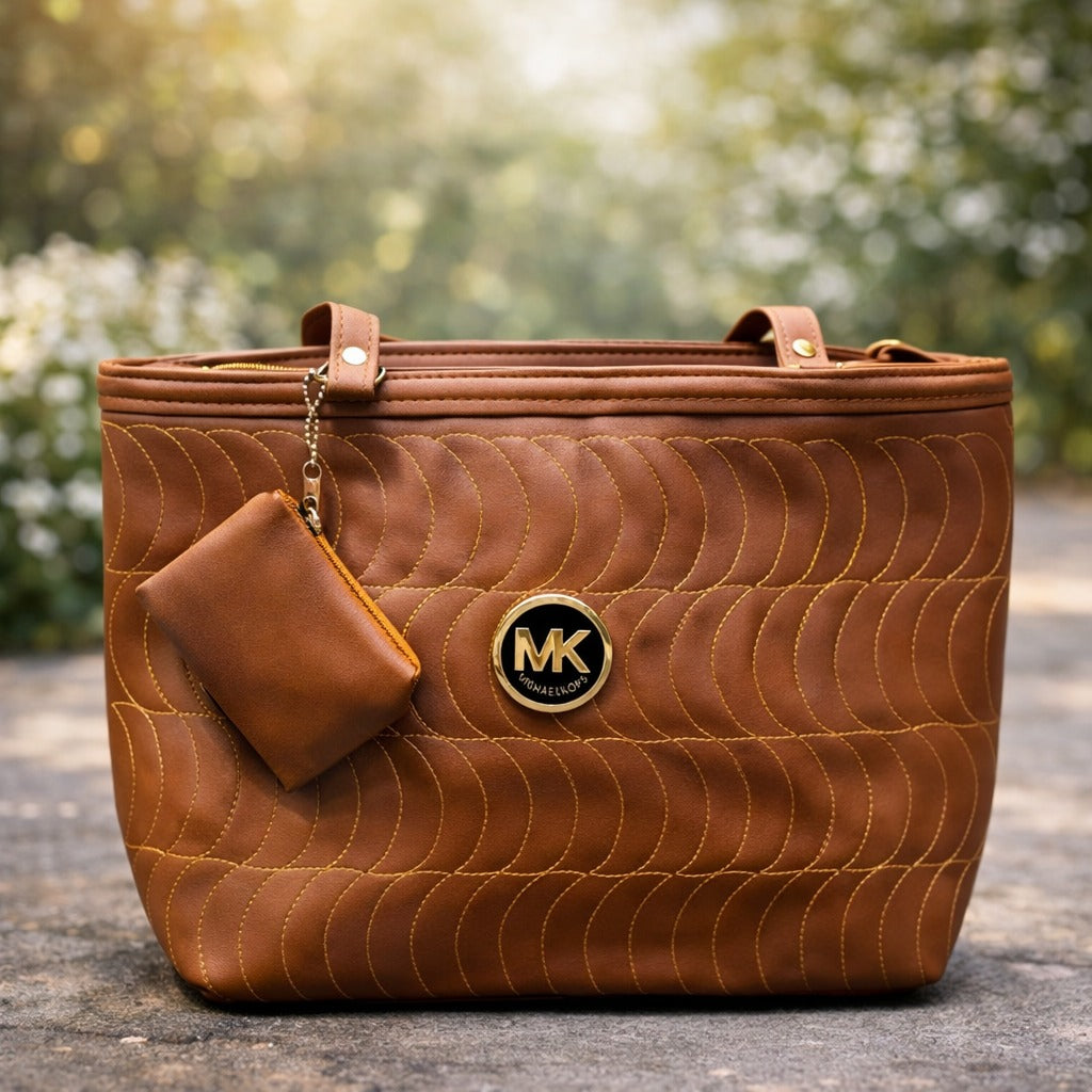 Brown quilted handbag with a matching wallet | WearCareHub