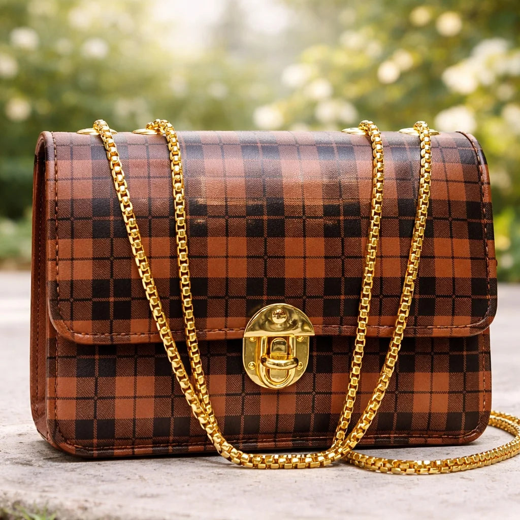 Plaid handbag with gold chain | WearCareHub