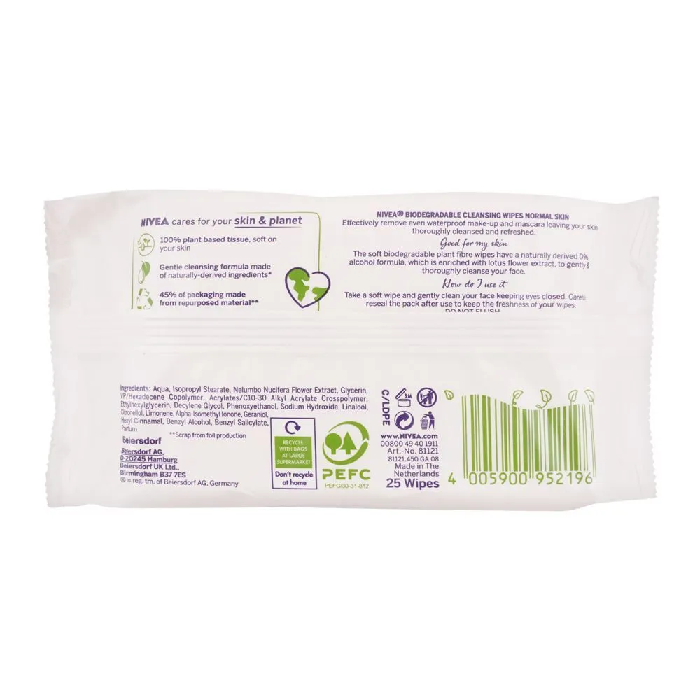 NIVEA Biodegradable Dry Skin Cleansing Wipes - 25-pack