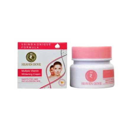 Heaven Dove Multiple Vitamin Glowing Cream – 180g Reveal your skin’s natural radiance with Heaven Dove Multiple Vitamin Glowing Cream, a multi-vitamin enriched formula designed to nourish, hydrate, and brighten your complexion. Packed with a blend of essential vitamins and skin-loving nutrients, this lightweight cream delivers comprehensive care to help your skin look healthier, smoother, and visibly glowing every day. Whether your skin needs hydration, repair, or added luminosity, this all-in-one cream works to improve overall skin texture and vibrancy — making it ideal for daily use on all skin types. 🌟 Key Benefits: Multi-Vitamin Enriched: Delivers essential vitamins to boost skin health Enhances Natural Glow: Helps brighten dull skin for a radiant complexion Deep Hydration: Locks in moisture to keep skin soft, supple, and smooth Improves Skin Texture: Promotes even tone and refined skin appearance Nourishes & Revitalizes: Supports skin repair and rejuvenation Lightweight Formula: Fast-absorbing, non-greasy feel — perfect for daily use Suitable for All Skin Types: Gentle and effective even on sensitive skin 💧 How it Works: This glow-boosting cream combines multiple vitamins and hydrating agents to nourish skin at the surface and deeper layers, improving elasticity and overall texture. Regular use helps restore a youthful luminosity, making your skin look fresh and revitalized. 🛏 Usage Instructions: Cleanse your face and neck thoroughly. Take an appropriate amount of the cream and apply evenly. Gently massage in upward motions until fully absorbed. Use daily, morning and evening, for best results.