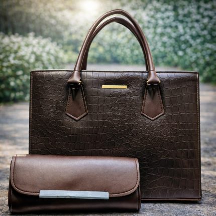 Elegant Crocodile‑Texture Brown Handbag with Matching Clutch