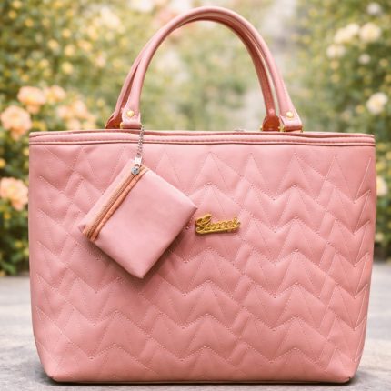 Stylish Pink Quilted Tote Bag with Matching Mini Pouch